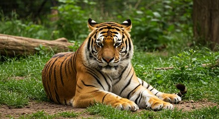 Fototapeta premium Majestic tiger resting in natural habitat with green foliage background
