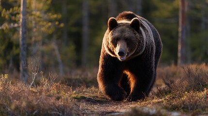 Fototapeta premium A brown bear walking towards the camera in a forest with sunlight shining on its fur and surroundings