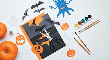 Halloween craft project with pumpkins bats and ghosts on a white background