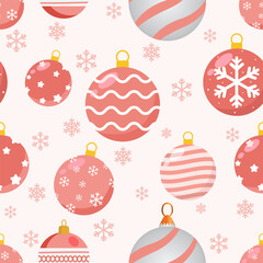 Peach and pink Christmas ball seamless pattern with snowflakes, festive holiday ornament design, cute pastel background for wrapping paper, wallpaper, and fabric