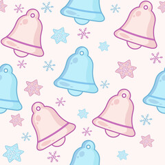 Pastel Christmas bell seamless pattern with snowflakes, cute festive holiday decoration in pink and blue, cartoon vector design for wrapping, wallpaper, and fabric