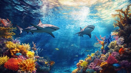 Magnificent underwater view, sharks swimming gracefully amidst a vibrant coral reef