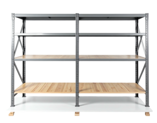 Industrial shelving unit, multi-tiered with light-wood shelves, viewed straight on