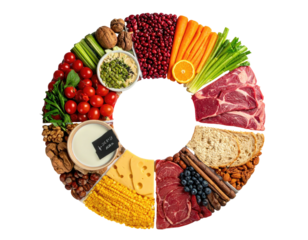 Colorful circular arrangement of various food groups, promoting balanced nutrition