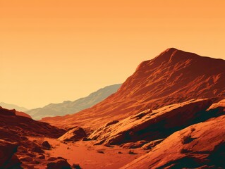 Scenic desert landscape with rugged mountains and a warm sunset sky