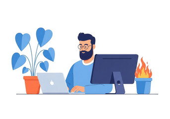 Man working on laptop and computer with plants and fire isolated on transparent background