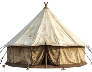 Large, worn, white canvas tent with a central pole and open doorway