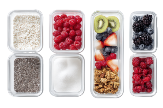 Four glass containers filled with various breakfast ingredients like granola, berries, and seeds, isolated on transparent background