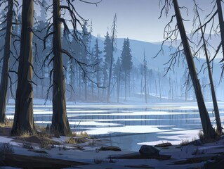 Winter Forest Scene with Snow-covered Trees and Frozen Water in a Cold Mountain Landscape