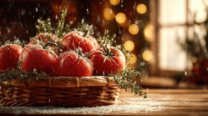 Snowy Tomatoes In Rustic Basket At Christmas