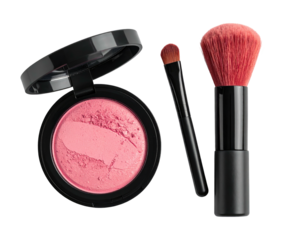Pink blush powder, two brushes, one for eyes, one for face, on a black background