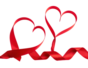 Two elegant red ribbons shaped into hearts, set against a stark black background