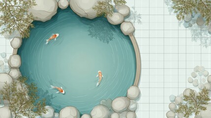 Elegant koi pond with three colorful fish surrounded by rocks and lush aquatic plants in a tranquil