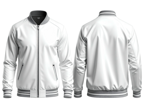 Front and back view of a white bomber jacket with grey accents