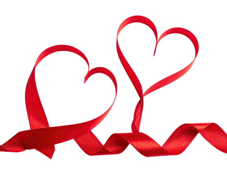 Two elegant red ribbons shaped into hearts, set against a stark black background