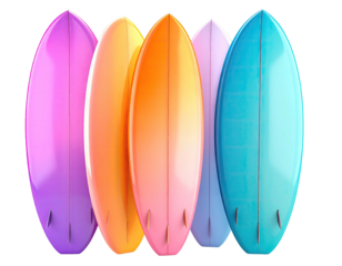 Five colorful surfboards, arranged vertically, on a black background