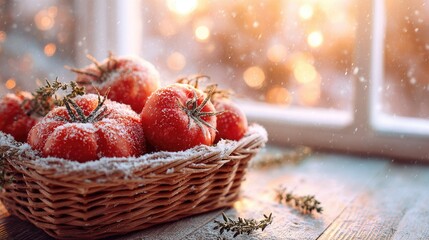 Snow Covered Tomatoes In Basket By Window
