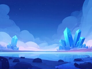 Fantasy icy landscape with crystal formations in a cold winter night scene