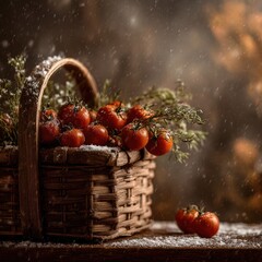 Rustic Wooden Basket Filled With Snow-Dusted Tomatoes