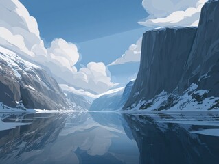 Majestic Arctic Fjord with Steep Cliffs and Reflective Ice-Covered Water under Blue Sky