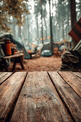 Rustic Wooden Tabletop In Forest Campsite