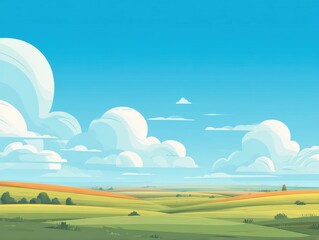 Bright digital illustration of a lush green landscape with rolling hills and a vibrant blue sky with