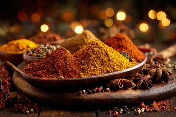 Colorful Spices Display On Wooden Table