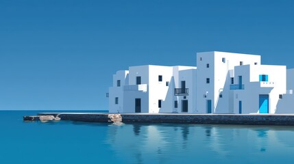 White Mediterranean-style buildings with blue accents on a waterfront in Santorini during sunny weather