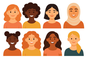 Set of diverse female portraits. Women of different ethnicities and cultures. Multicultural society and community. Concept for women's day, empowerment, girl power. Vector flat illustration.