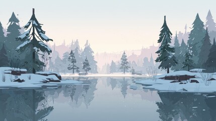 Snow-Covered Pine Trees Along a Calm Frozen Lake in a Wintry Forest Scene