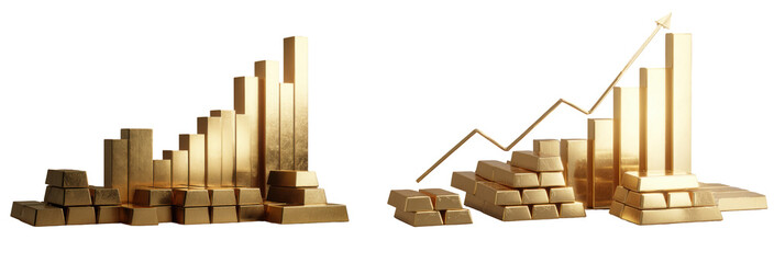 3D gold bar chart shows growth in the stock market with a green up arrow and a vibrant golden graphic for financial success