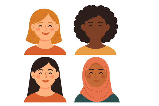Happy women of diverse ethnicities illustration. Multi-ethnic female portraits collection. Girl power, feminism, empowerment and sisterhood concept. Vector avatar character set.