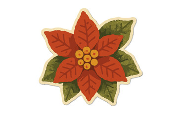 Vintage Christmas poinsettia flower in torn paper collage style, clay toy illustration with vibrant red petals, green leaves, and yellow center, festive holiday vector art