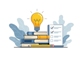 Book stack with lightbulb and checklist isolated on transparent background