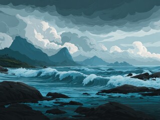 Stormy Coastal Landscape with Dramatic Clouds, Mountain Background and Rolling Ocean Waves