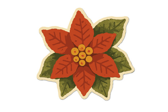 Vintage Christmas poinsettia flower in torn paper collage style, clay toy illustration with vibrant red petals, green leaves, and yellow center, festive holiday vector art