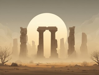 Ancient Stone Ruins with Broken Columns and Pillars in Desert at Sunset