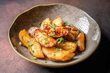 Baked potato wedges with herbs in ceramic bowl