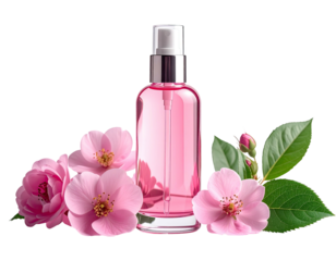 A pink liquid spray bottle with roses and greenery against a black background
