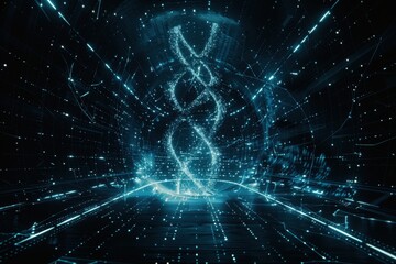 Fototapeta premium A futuristic digital tunnel with swirling blue lights, creating a sense of movement and depth in a high-tech environment.