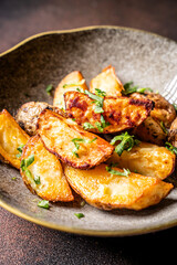 Closeup of baked potato wedges with herbs