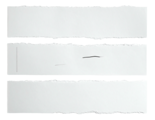 Three horizontally torn paper strips with jagged edges, grayscale, isolated on black