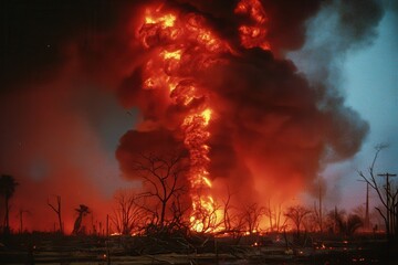 Fototapeta premium A dramatic scene of fire and smoke billowing into the sky, surrounded by scorched earth and charred trees, depicting devastation and destruction.