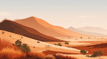Stylized digital illustration of desert landscape with rolling dunes and distant mountains at sunset