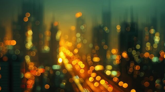 Blurry cityscape night vibrant abstract urban lights with glowing bokeh, dreamy atmosphere, modern skyline, colorful energetic mood