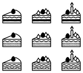 様々な形の美味しそうなケーキアイコンのベクターイラストセット