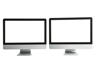 Two modern, sleek computer monitors with blank white screens against a black background