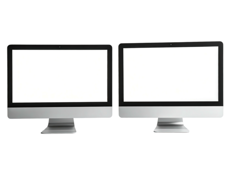 Two modern, sleek computer monitors with blank white screens against a black background