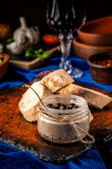 Gourmet pate with rustic bread and wine
