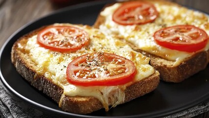 A delicious close-up of freshly baked open-faced sandwiches on a dark plate. Golden-brown melted cheese covers toasted whole-grain bread, topped with vibrant tomato slices and a sprinkle of dried herb - Powered by Adobe